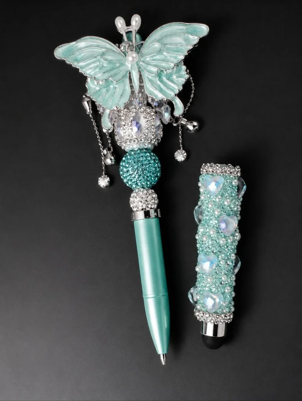 Mint Blue Butterfly Crystal Beaded Stylus Pen